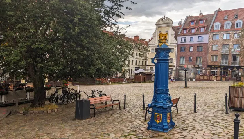 Niebieska fontanna z herbem na brukowanym rynek Szczecin. Drzewo, ławki i rowery tworzą spokojną atmosferę.