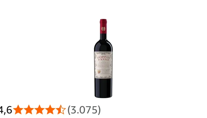 Flasche Doppio Passo Primitivo, trocken oder halbtrocken, mit rotem Kapsel und detailreichem Etikett.