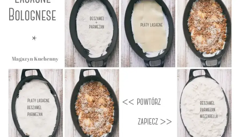 Przepis na lasagne bolognese: warstwy beszamelu, sosu bolońskiego i makaronu układane w naczyniu.