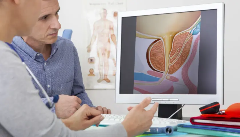 Lekarz wyjaśnia pacjentowi, na czym polega badanie prostaty, pokazując na ekranie jej anatomiczny przekrój.