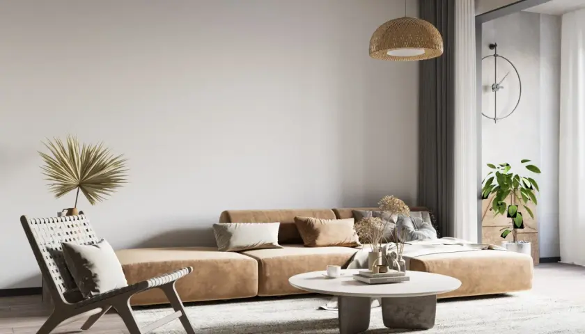 Salon w stylu wabi sabi: beżowa kanapa, pleciony fotel, suszone trawy i palma.