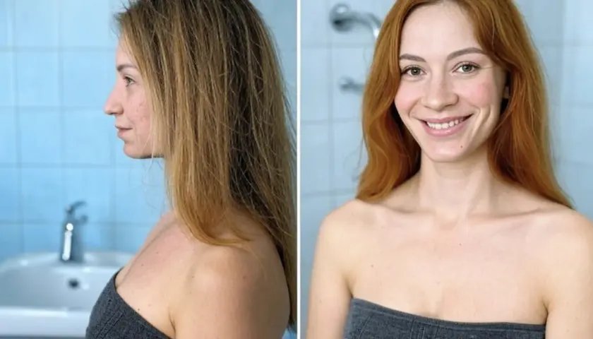 Dwie fotografie tej samej kobiety. Po lewej profil z matowymi włosami i skórą, po prawej uśmiechnięta twarz z lśniącymi włosami i promienną cerą, jak po kąpieli w zmiękczonej wodzie.