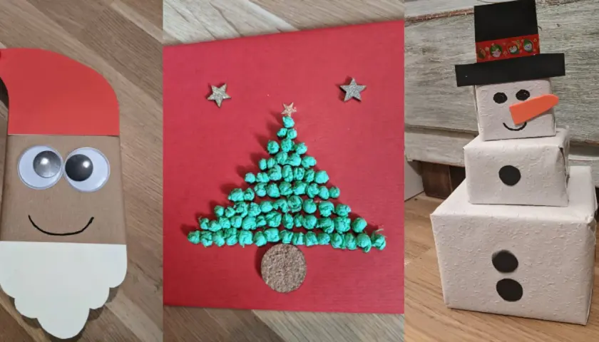 Kreative geschenke verpacken weihnachten ideen: Nikolaus, Weihnachtskarte mit Tannenbaum und Schneemann-Geschenk.