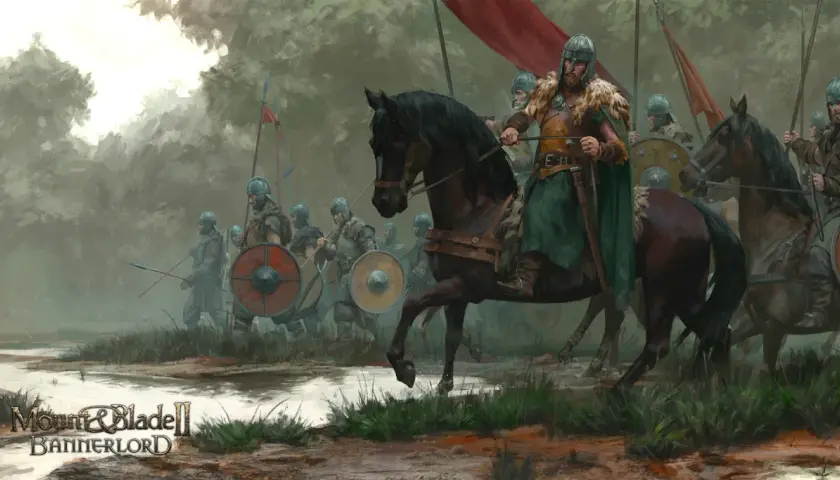 Wojownicy w zbrojach i hełmach, prowadzeni przez jeźdźca na koniu, maszerują przez błotnisty teren. To scena z gry Mount & Blade II: Bannerlord.