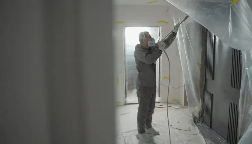Pracownik w kombinezonie i masce ochronnej nakłada gładź agregatem. Pokój zabezpieczony folią.
