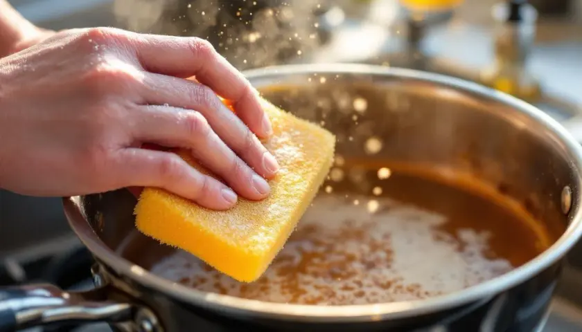 Main tenant une éponge jaune pour nettoyer une casserole avec du caramel collé. Astuce pour savoir comment enlever le caramel d'une casserole.
