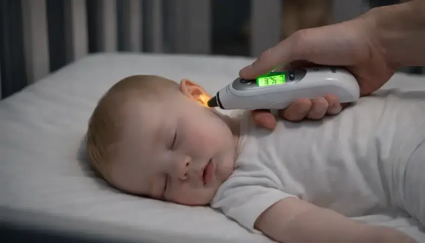 En hand mäter temperaturen på en sovande bebis med en febertermometer baby.