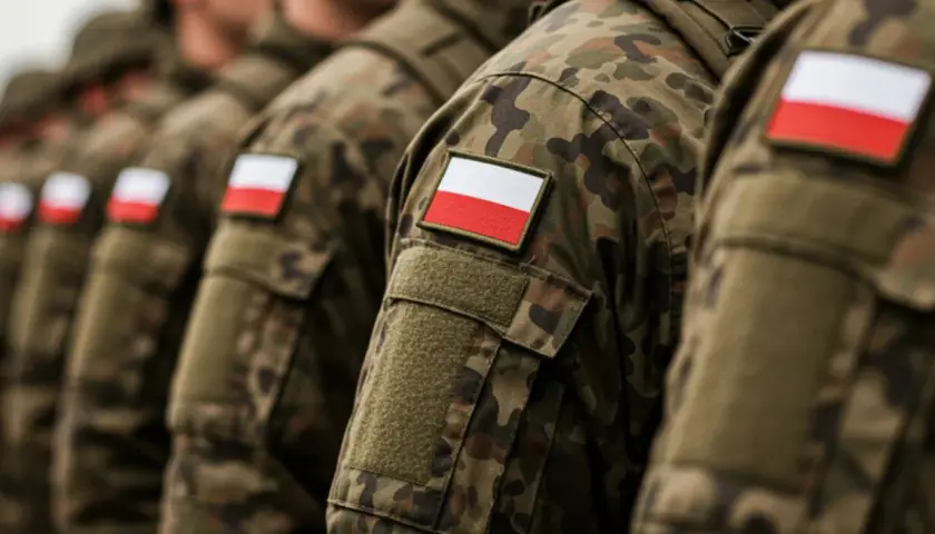 Żołnierze w mundurach moro z polskimi flagami na ramionach, gotowi na wezwania do wojska.