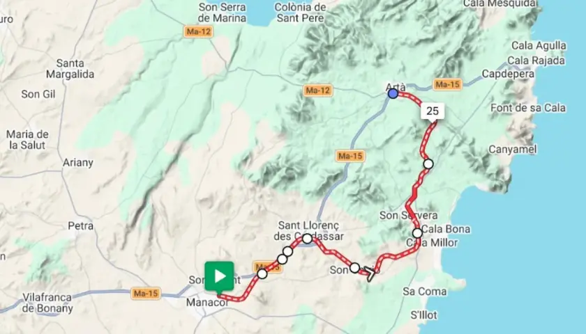 Karte von Mallorca mit einer roten Route von Artà über Son Servera nach Manacor. Die "Via Verde Mallorca" führt durch malerische Orte.
