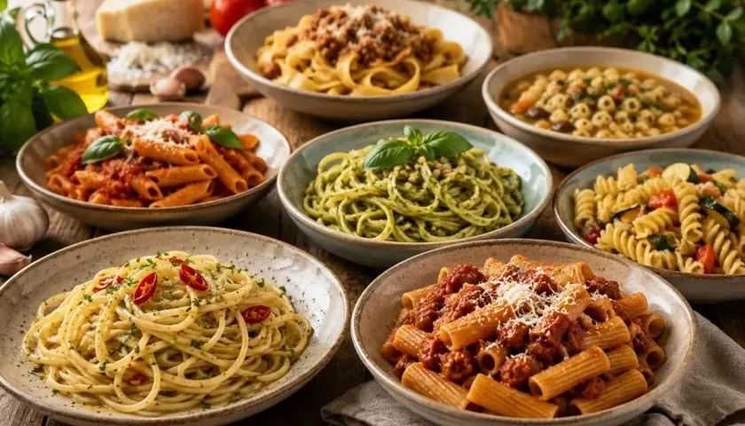 Różnorodne dania z makaronem, idealne co do makaronu: spaghetti z chili, penne z sosem pomidorowym, zielony makaron z pesto, fusilli z warzywami i tagliatelle z mięsem.