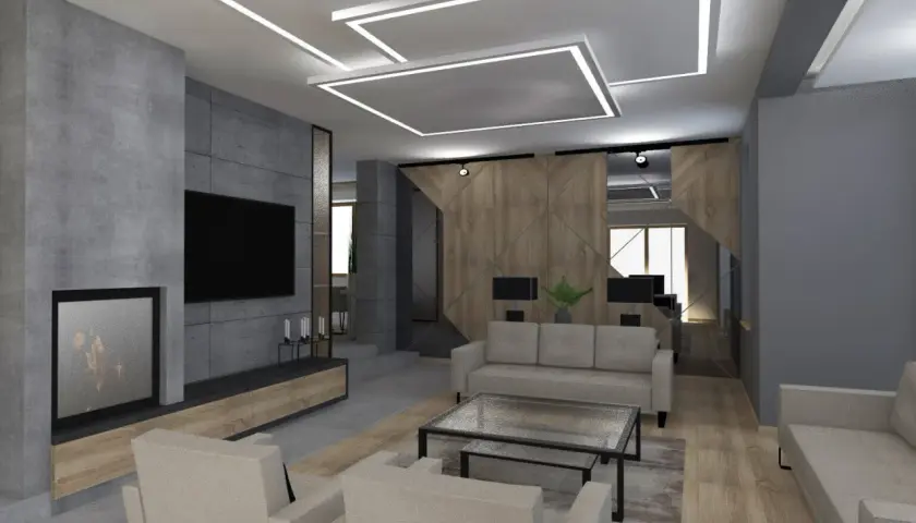 Nowoczesny salon z betonową ścianą, kominkiem i telewizorem. Geometryczne **ledy na suficie bez podwieszanego sufitu** tworzą unikalny klimat.