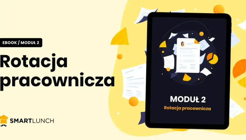 Ebook o rotacji pracowniczej. Grafika przedstawia tablet z dokumentami i wykresami, symbolizującymi fluktuację.