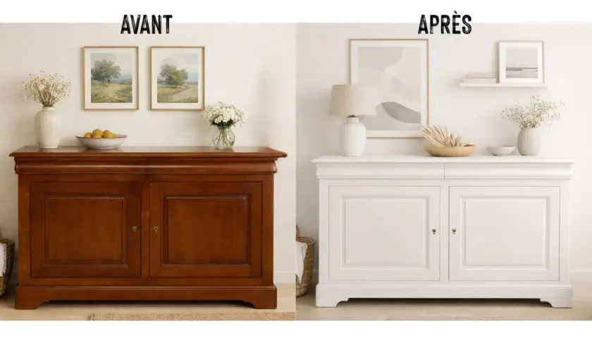 Avant/Après : une commode en bois sombre transformée par une rénovation meuble bois en blanc lumineux, modernisant l'espace.