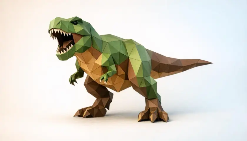 Un T-Rex ruggente, uno dei tanti dinosauri da costruire con la carta, mostra la sua ferocia con la bocca spalancata.