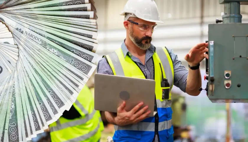 Doświadczony monter w kamizelce odblaskowej i kasku, z laptopem w ręku, obsługuje maszynę. Obok wachlarz banknotów 100 zł.