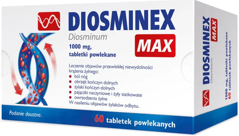 Opakowanie Diosminex Max 1000 mg, 60 tabletek. Leczy objawy niewydolności krążenia żylnego, np. ból nóg. Sprawdź Diosminex Max cena.