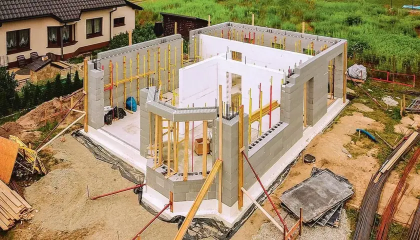 Budowa domu ze styropianu w toku. Betonowe ściany zbrojone, szalunki i materiały budowlane na placu.