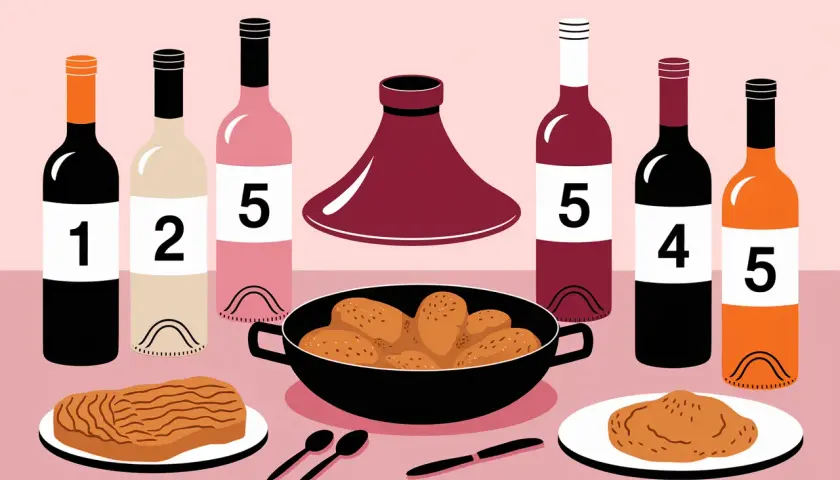 Bouteilles de vin numérotées et un plat de tajine poulet, prêt à être dégusté.