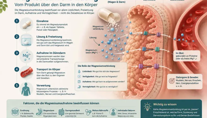 Magnesium und Vitamin D zusammen einnehmen kann die Aufnahme verbessern. Die Grafik zeigt, wie Magnesium vom Darm in den Körper gelangt.
