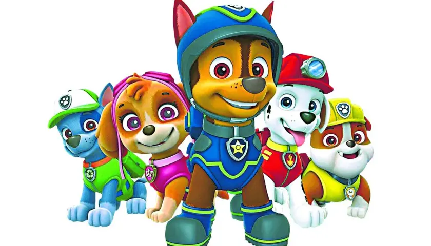 Psi Patrol: Chase, Skye, Rocky, Marshall i Rubble, znane z różnych ras psów, gotowi do akcji.
