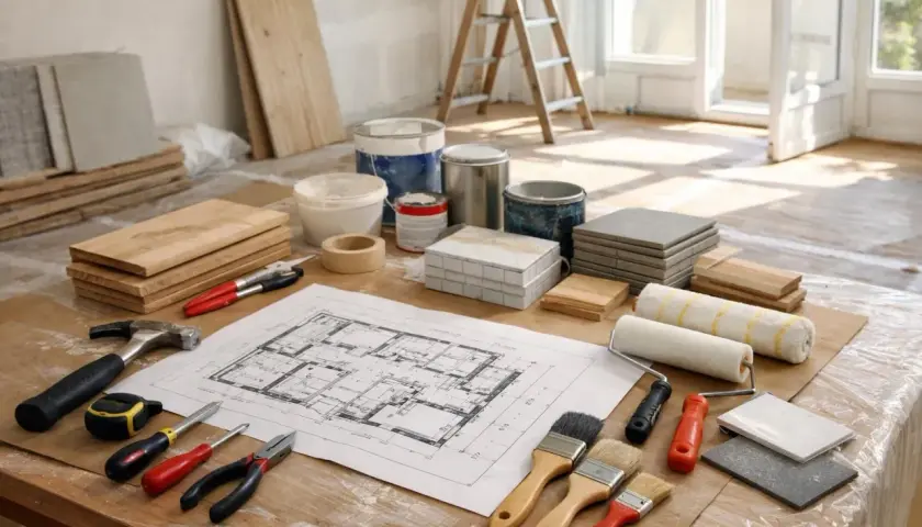 Plans, outils, peinture et matériaux pour un projet de rénovation.
