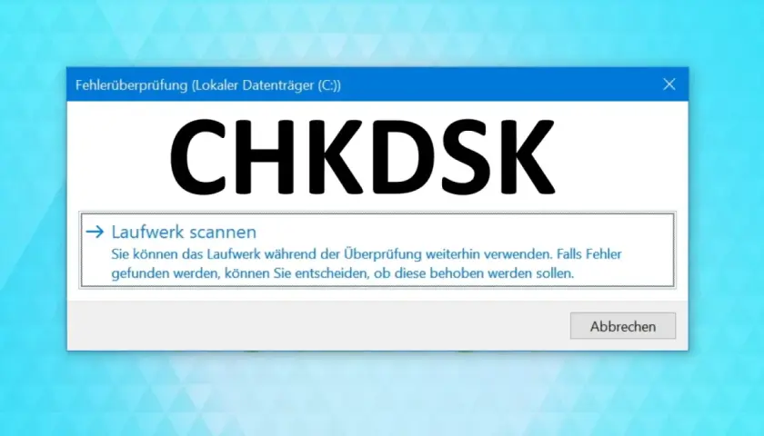 Fehlerüberprüfung des Laufwerks C: mit CHKDSK. Das Fenster zeigt an, dass das Laufwerk gescannt wird und Fehler behoben werden können.