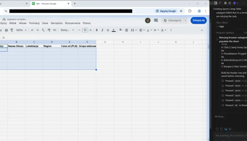Pusta tabela w Arkuszach Google z nagłówkami: Organizator, Nazwa Obozu, Lokalizacja, Region, Cena od (PLN), Grupa wiekowa.