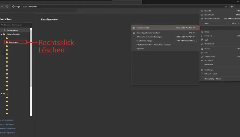 Microsoft Edge: Favoritenleiste mit Ordnern und Kontextmenü zum Löschen.
