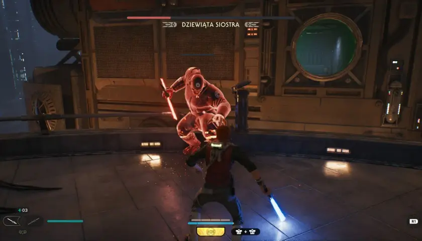 Jedi Survivor: Cal Kestis walczy z Dziewiątą Siostrą, używając niebieskiego miecza świetlnego.