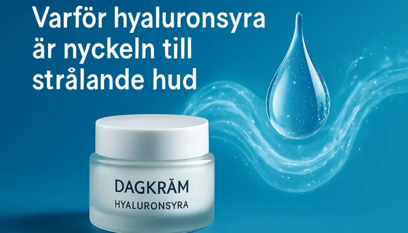 En burk dagkräm med texten "Hyaluronssyra" bredvid en stor vattendroppe. Texten "Varför hyaluronsyra är nyckeln till strålande hud" syns i bakgrunden.