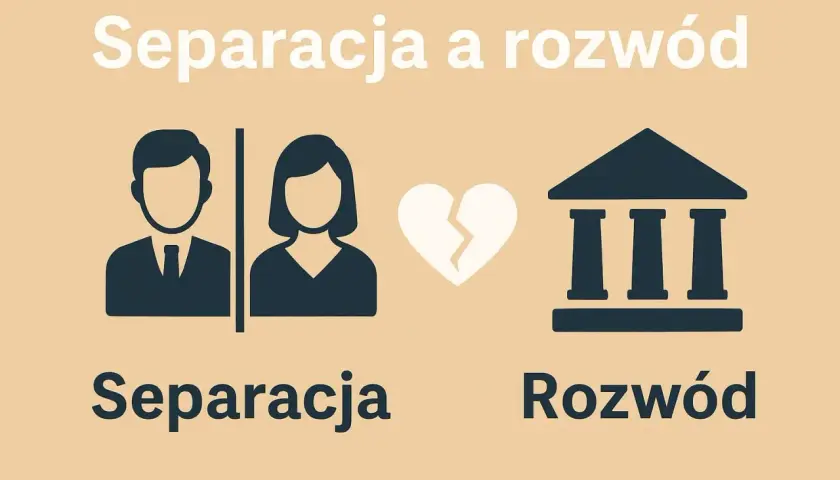 Ilustracja przedstawia rozdzielenie pary i symbol sądu, sugerując pomoc adwokata rodzinnego w sprawach separacji i rozwodu.