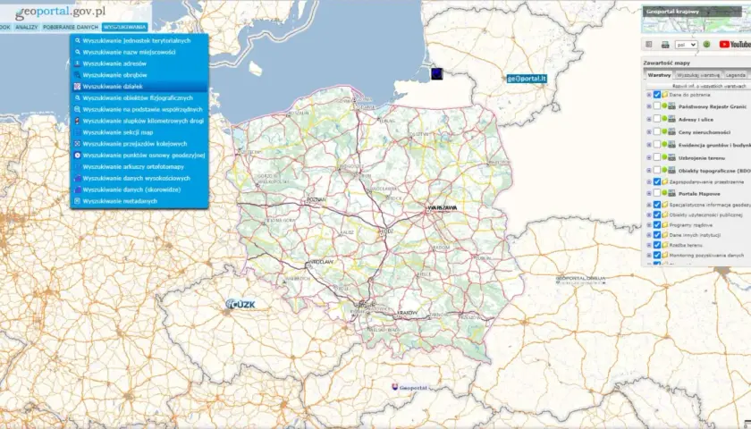 Mapa Polski z menu wyszukiwania działek na Geoportalu.