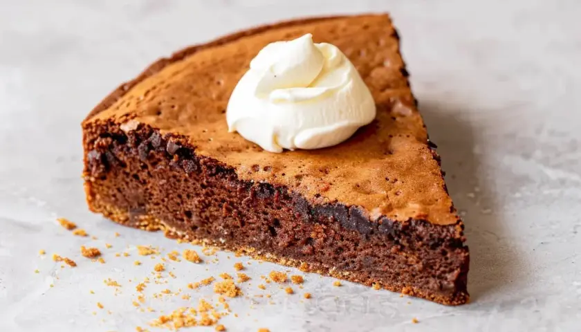 En bit chokladkaka med proteinpulver, toppad med vispad grädde. Perfekt för den som vill baka med proteinpulver.