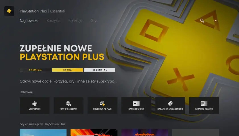 Ekran PlayStation Plus z opcją Essential. Widoczne ikony ulepszeń, gier co miesiąc, kolekcji PS Plus, katalogu gier, rabatów i klasyki.