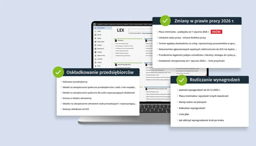 Ekran komputera z widokiem na zmiany w prawie pracy, składki i rozliczanie wynagrodzeń.