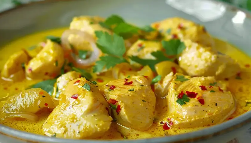 En närbild av en krämig kyckling curry med bitar av kyckling, lökringar och färsk koriander. Kryddig och aptitretande.