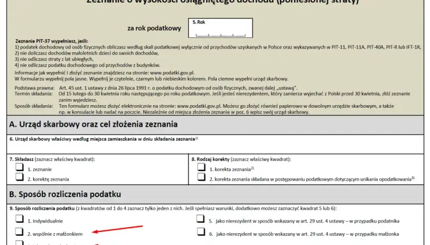Fragment formularza PIT-37 z zaznaczonymi opcjami "wspólnie z małżonkiem" i "jako wdowa/wdowiec".
