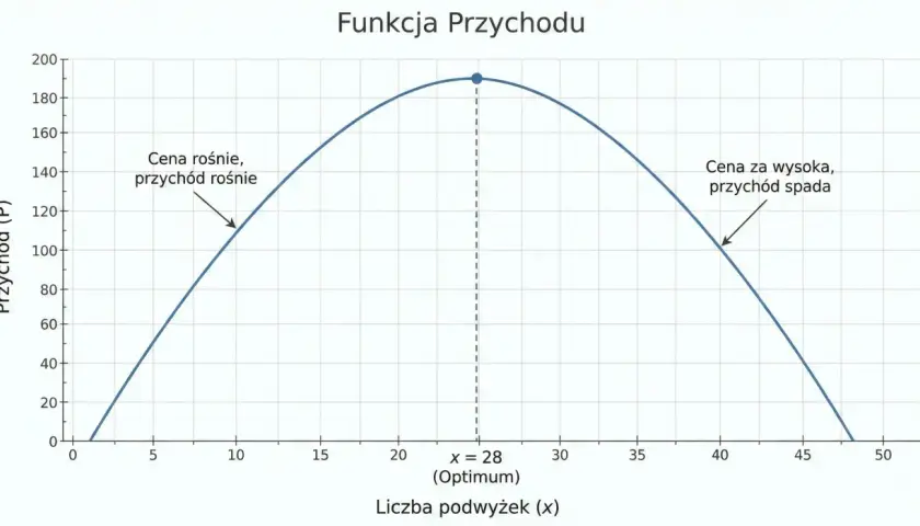 Wykres funkcji przychodu pokazuje, że przy małej liczbie podwyżek cena rośnie, a przychód rośnie. Po osiągnięciu optimum (x=28), dalsze podwyżki ceny powodują spadek przychodu.