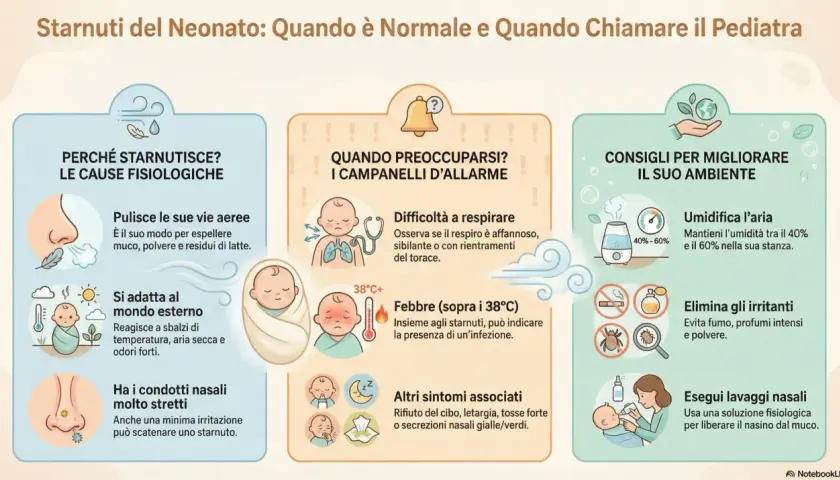 Il neonato starnutisce per pulire le vie aeree, adattarsi all'ambiente o per condotti nasali stretti. Attenzione a febbre e difficoltà respiratorie.