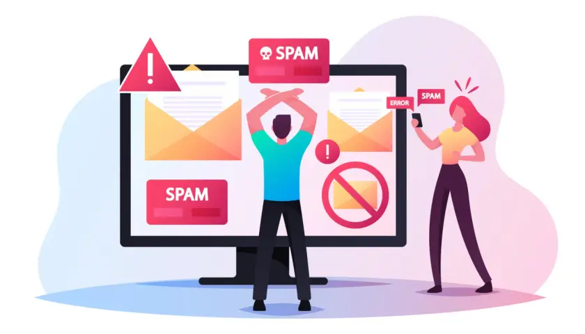 Osoba zrezygnowana przed monitorem z powiadomieniami SPAM. Kobieta z telefonem też widzi SPAM.