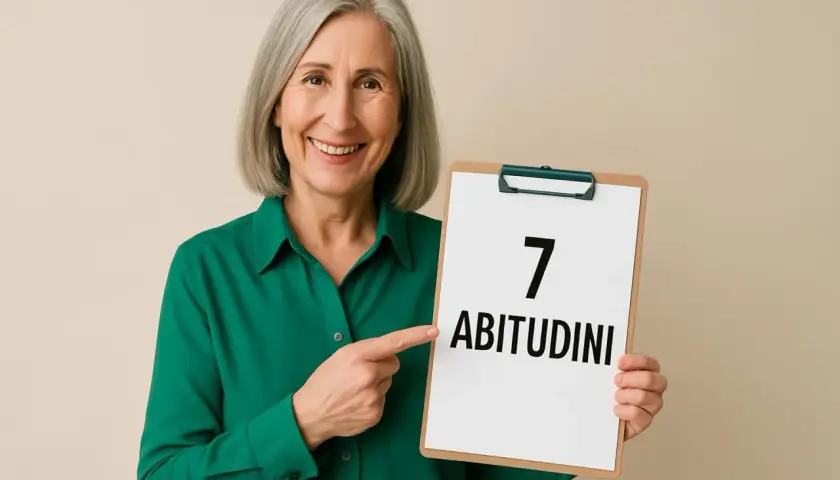 Donna sorridente con capelli grigi mostra un foglio con scritto "7 ABITUDINI". 50 anni e non sentirli, con saggezza e vitalità.