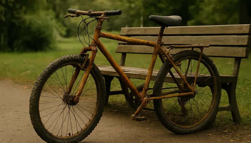 Zardzewiały rower obok ławki w parku. Zastanawiasz się, co zrobić ze starym rowerem? Może czas na renowację lub recykling?