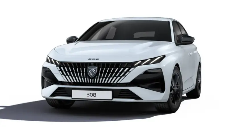 Nowy Peugeot 308 w białym kolorze, z charakterystycznym grillem i ostrymi światłami LED. Elegancki i nowoczesny design.