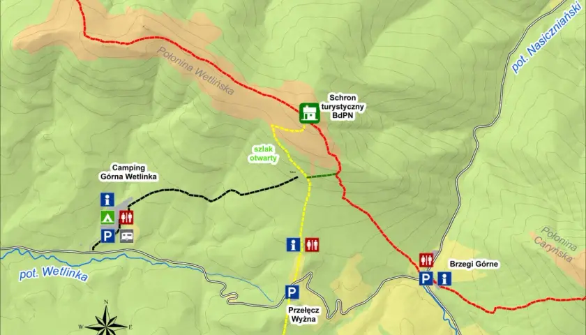 Mapa turystyczna z zaznaczoną trasą do Chatki Puchatka. Widoczne szlaki, schronisko, camping i punkty widokowe.