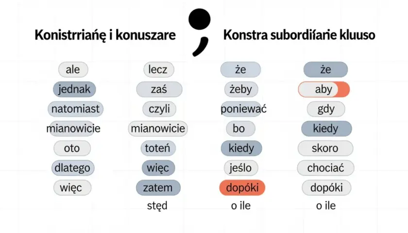 Tabela z polskimi spójnikami i zaimkami, np. "ale", "jednak", "aby", "kiedy". Tym bardziej warto je poznać, by poprawnie budować zdania.