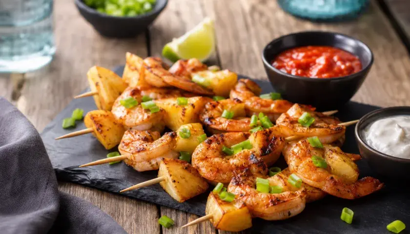 Brochettes de crevettes grillées et d'ananas, garnies de ciboule. Une excellente idée repas de décembre, servie avec sauce piquante et sauce blanche.