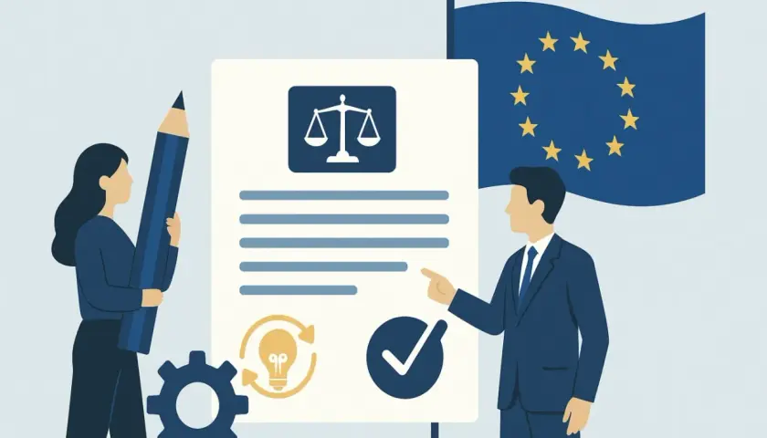 Ilustracja przedstawia ludzi przy dokumencie z wagą sprawiedliwości, flagą UE i ikonami.