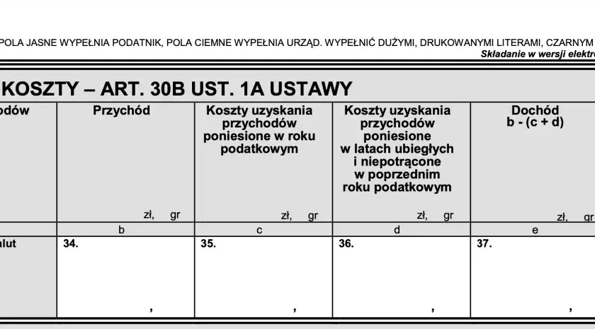 Fragment formularza podatkowego PIT z nagłówkami: "Źródło przychodów", "Przychód", "Koszty uzyskania przychodów", "Dochód".
