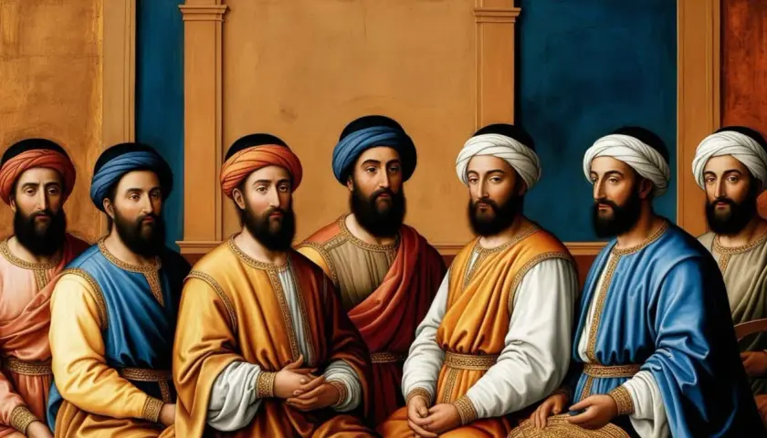 Sześciu mężczyzn w barwnych szatach i turbanach. Kim jest eunuch? To pytanie, które może pojawić się, patrząc na te postacie.