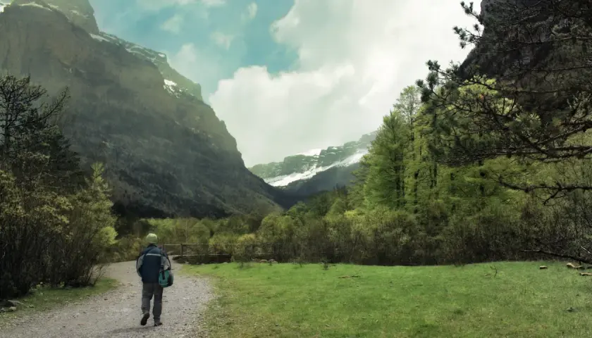 Senderos del Pirineo Aragonés, un excursionista camina hacia imponentes montañas con picos nevados y exuberante vegetación verde.